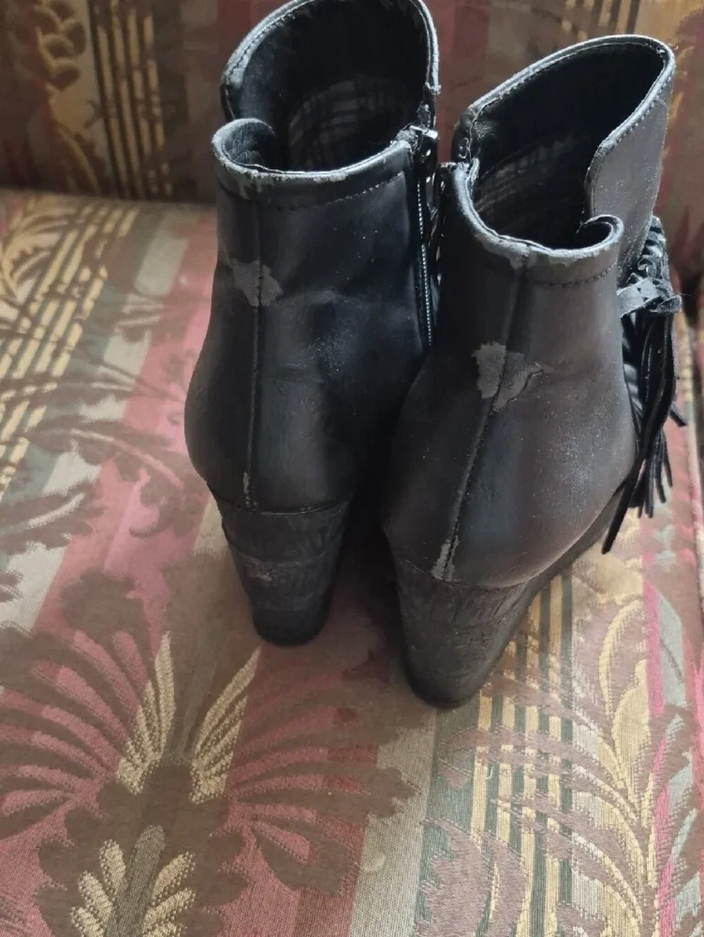 Sbicca Black Vegan Leather Platform Wedge Fringe Ankle Boots with Braided Accent
